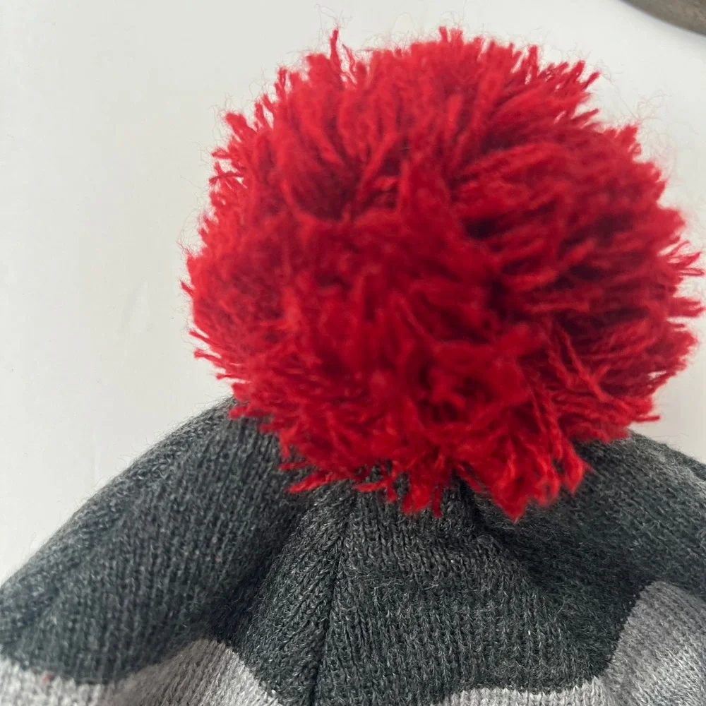 American Eagle Murica Beanie Grey Striped Pom Pom Knit Hat Patriotic One‎ Size
